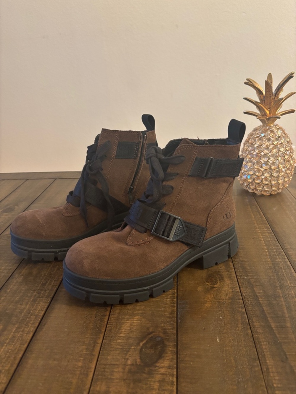 UGG Brown Suede Lace-Up Ankle Boots with Buckle